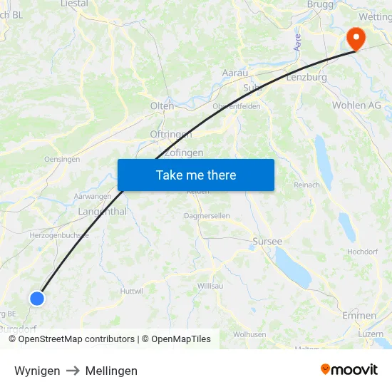 Wynigen to Mellingen map