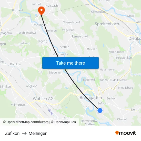 Zufikon to Mellingen map
