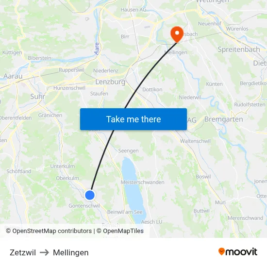Zetzwil to Mellingen map