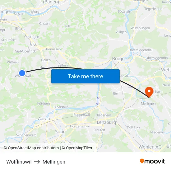 Wölflinswil to Mellingen map