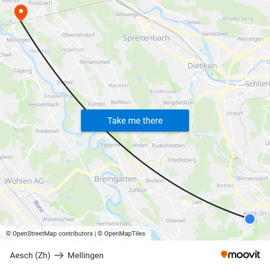 Aesch (Zh) to Mellingen map