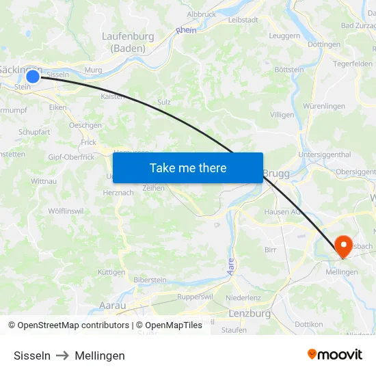 Sisseln to Mellingen map