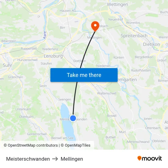 Meisterschwanden to Mellingen map