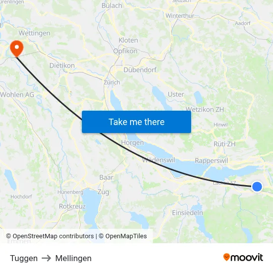 Tuggen to Mellingen map