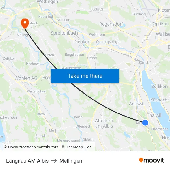 Langnau AM Albis to Mellingen map