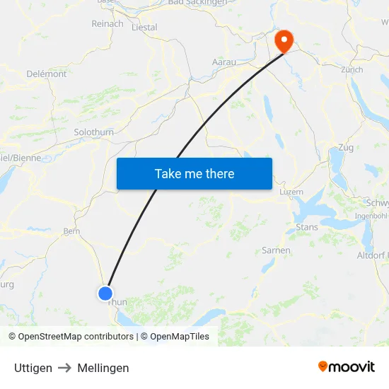 Uttigen to Mellingen map