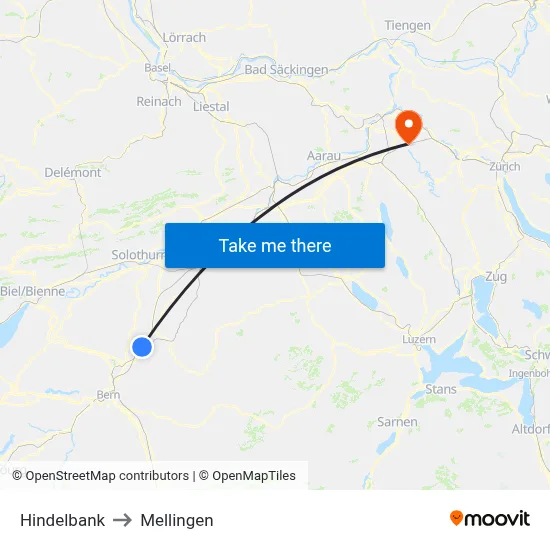 Hindelbank to Mellingen map