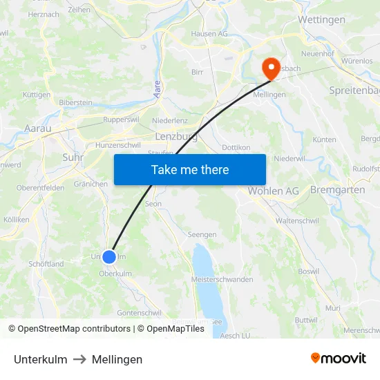 Unterkulm to Mellingen map