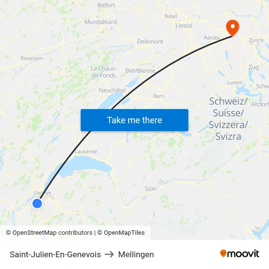 Saint-Julien-En-Genevois to Mellingen map