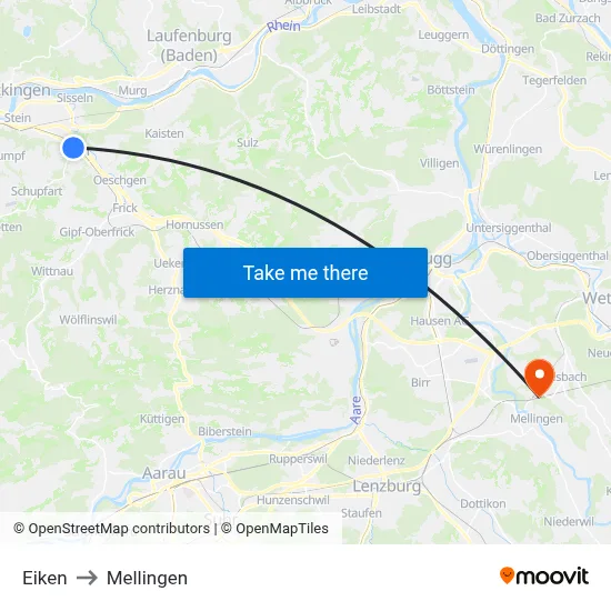 Eiken to Mellingen map