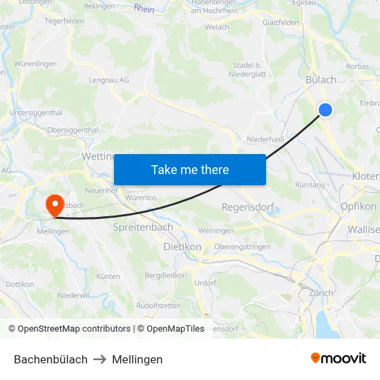 Bachenbülach to Mellingen map
