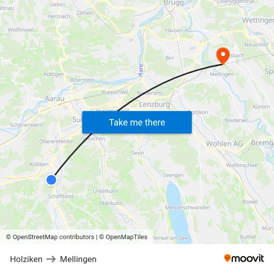 Holziken to Mellingen map