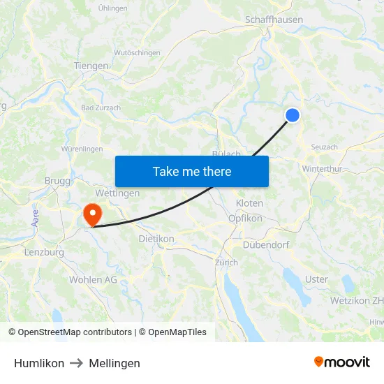 Humlikon to Mellingen map