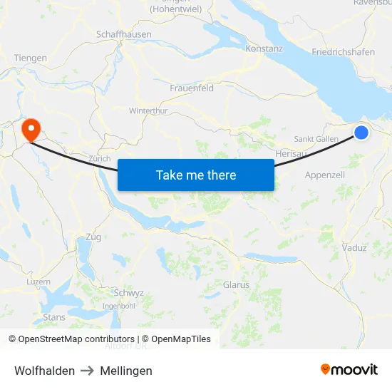 Wolfhalden to Mellingen map