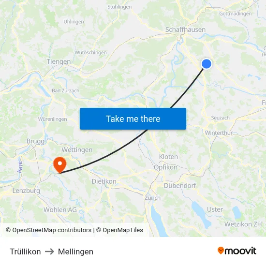 Trüllikon to Mellingen map