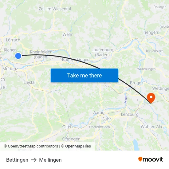 Bettingen to Mellingen map
