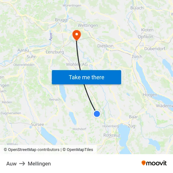 Auw to Mellingen map