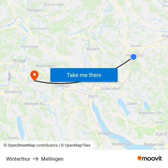 Winterthur to Mellingen map