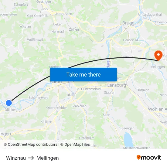 Winznau to Mellingen map