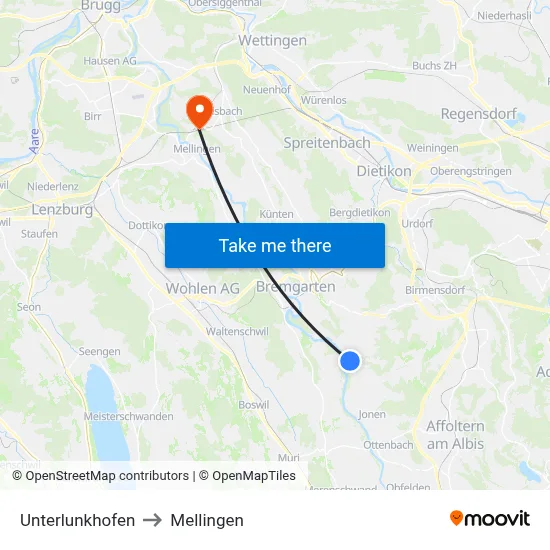 Unterlunkhofen to Mellingen map