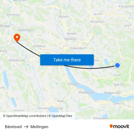Bäretswil to Mellingen map