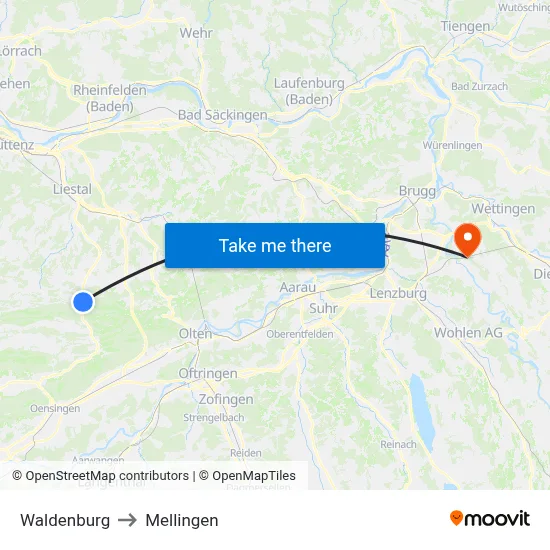 Waldenburg to Mellingen map