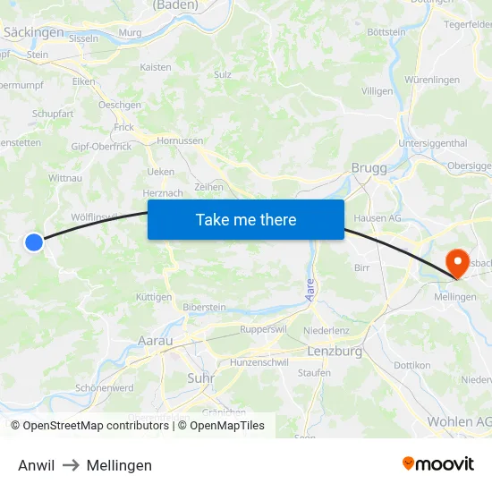 Anwil to Mellingen map