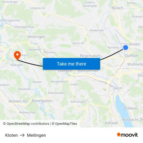 Kloten to Mellingen map