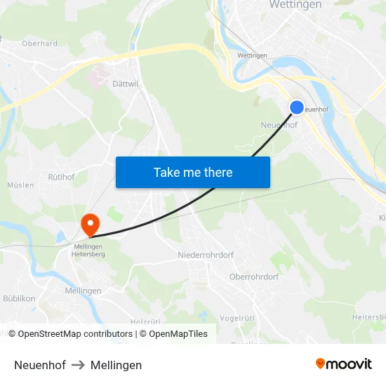 Neuenhof to Mellingen map