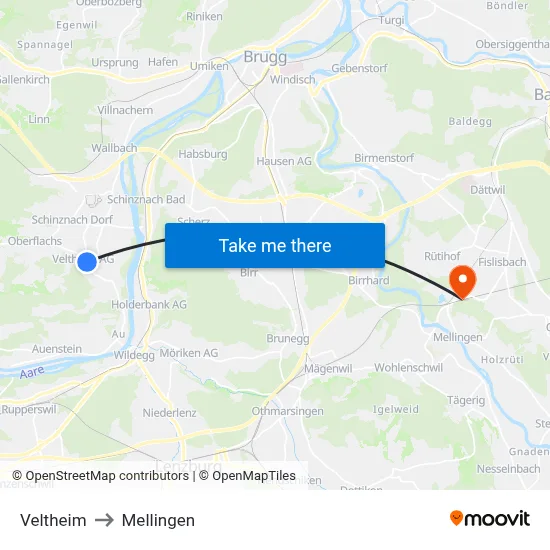 Veltheim to Mellingen map
