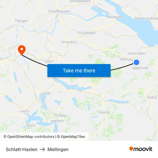 Schlatt-Haslen to Mellingen map