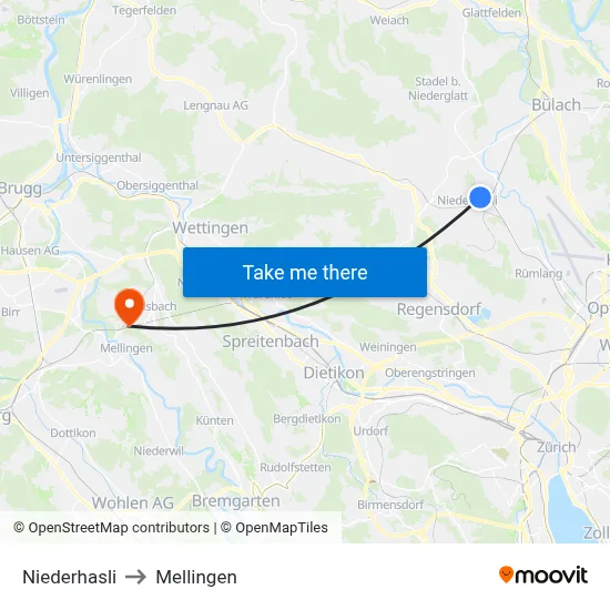 Niederhasli to Mellingen map