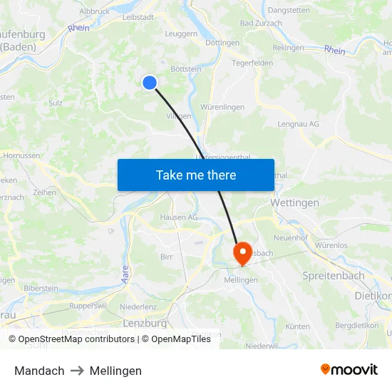 Mandach to Mellingen map