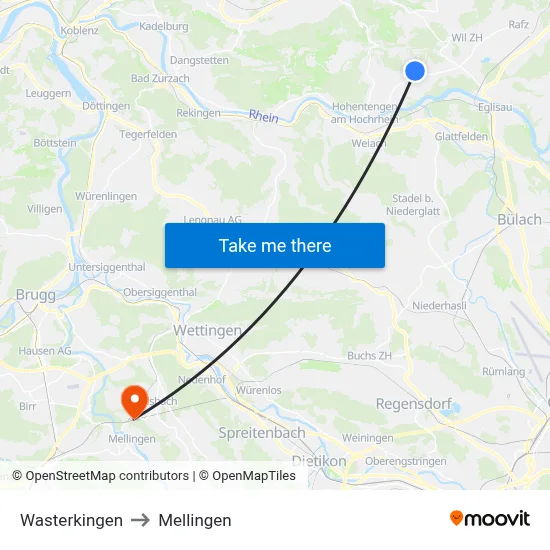 Wasterkingen to Mellingen map