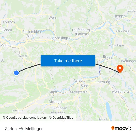 Ziefen to Mellingen map