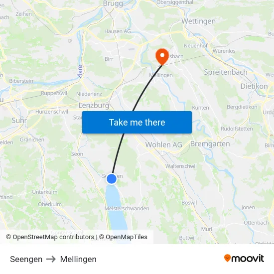 Seengen to Mellingen map