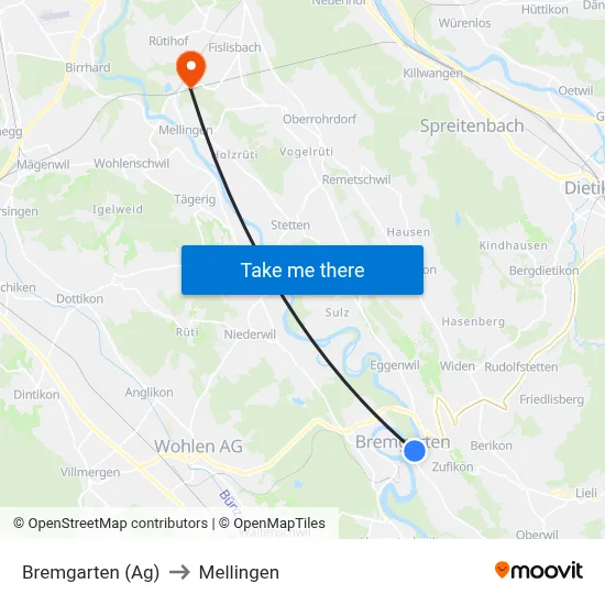 Bremgarten (Ag) to Mellingen map