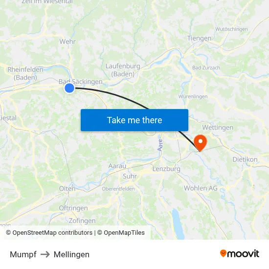 Mumpf to Mellingen map
