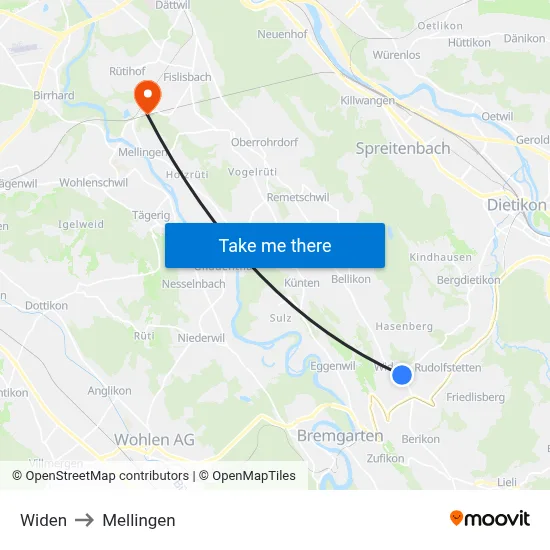 Widen to Mellingen map