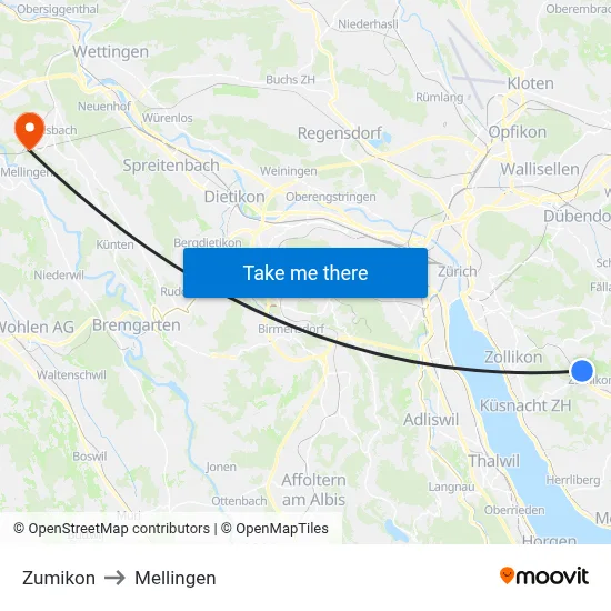 Zumikon to Mellingen map