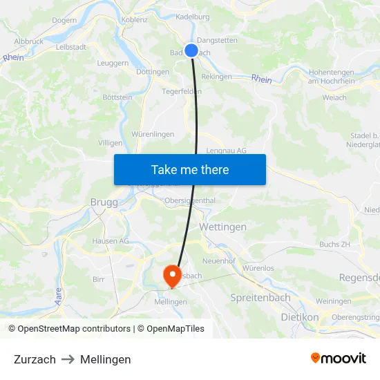 Zurzach to Mellingen map