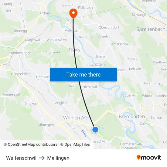 Waltenschwil to Mellingen map