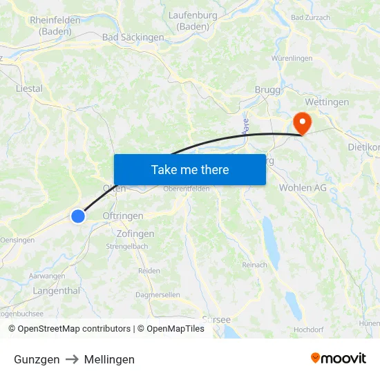 Gunzgen to Mellingen map