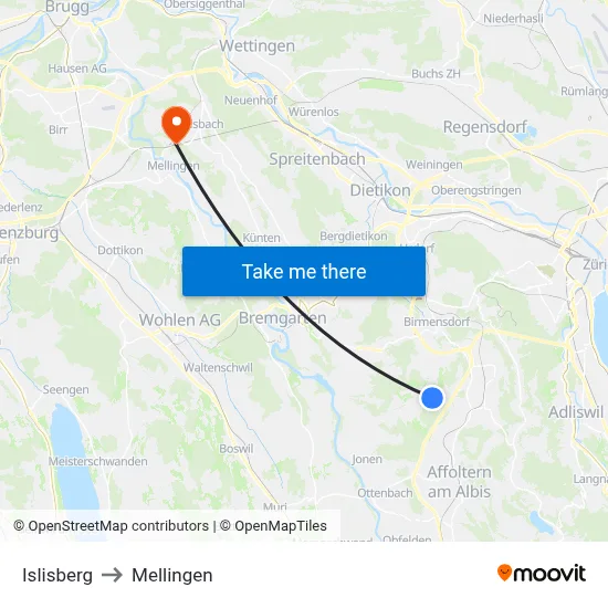 Islisberg to Mellingen map