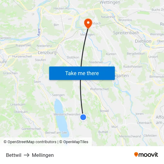 Bettwil to Mellingen map