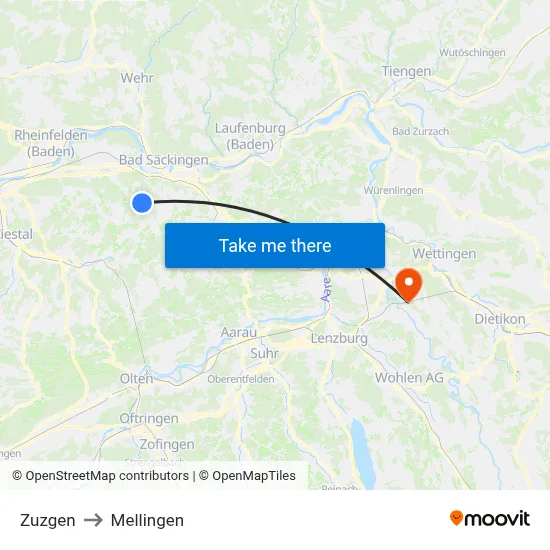 Zuzgen to Mellingen map