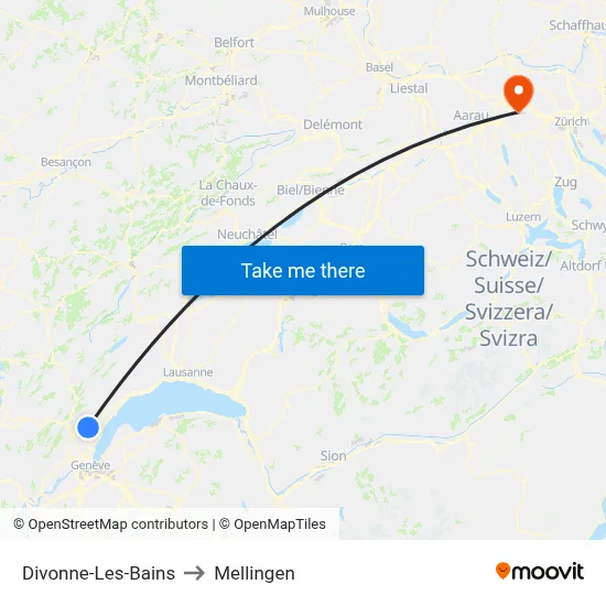 Divonne-Les-Bains to Mellingen map