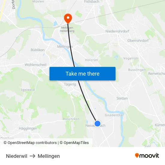 Niederwil to Mellingen map