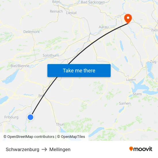 Schwarzenburg to Mellingen map