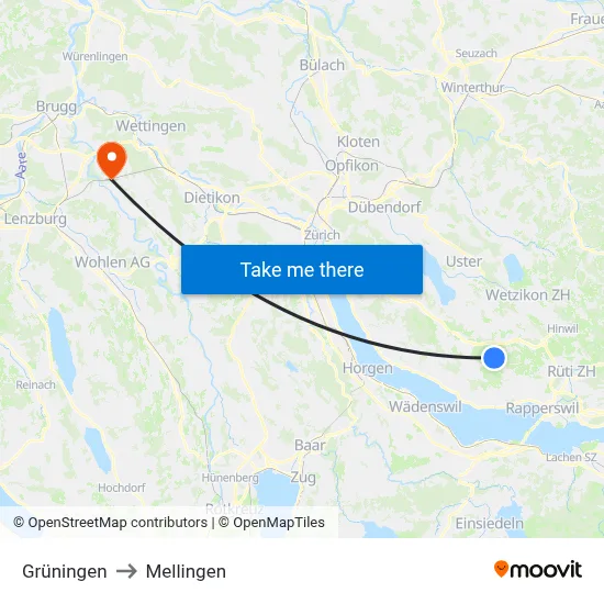 Grüningen to Mellingen map